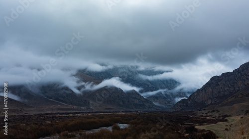 mountains in the fog