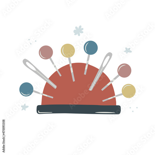 Hand drawn pincushion for needles and pins isolated on a white background. Doodle, illustration in a simple flat style. It can be used for decoration of textile, paper and other surfaces.