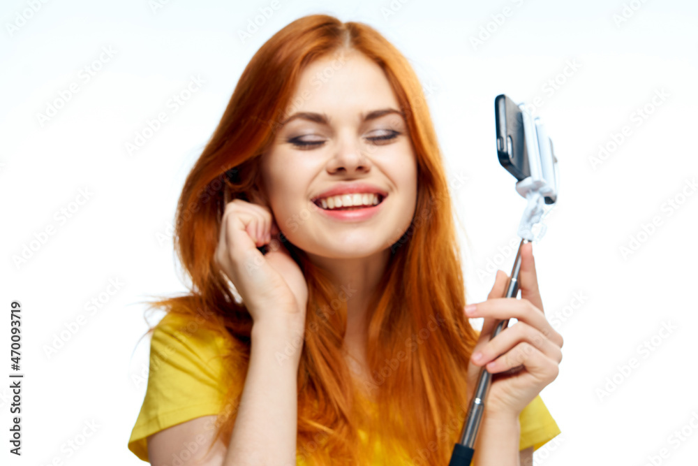 pretty red haired woman hair care posing light background pretty red haired woman hair care posing light background