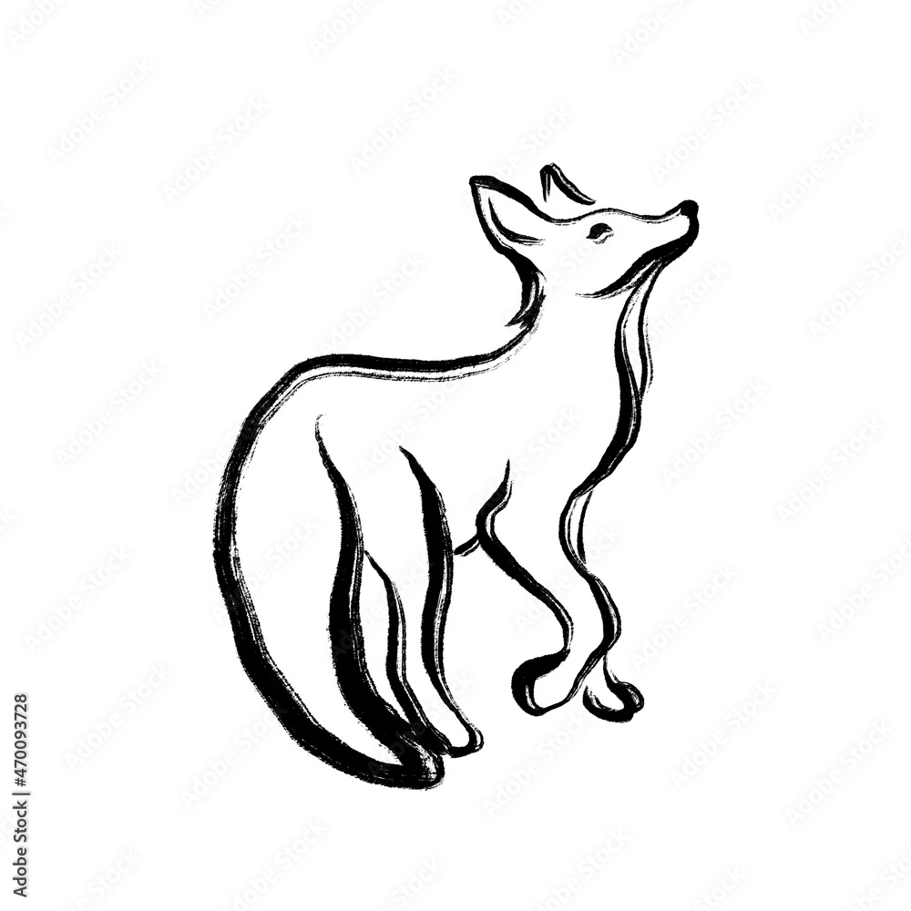 Minimalistic fox drawing in the technique of one ink stroke. Brush and paint texture. Minimalistic fox drawing in the technique of one ink stroke. Brush and paint texture.