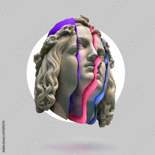 Classic statue background concept. Vaporwave style background. Classic sculpture with color distortion and colored lights. 3d render photo