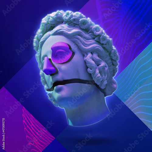 Classic statue background concept. Vaporwave style background. Classic sculpture with color distortion and colored lights. 3d render