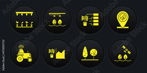 Set Wireless tractor on smart farm, Location and tree, Flower statistics, Trees, analysis, Smart with bulb plant, drone and Automatic irrigation sprinklers icon. Vector