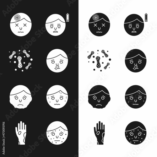 Set Runny nose, Bacteria, Man having headache, Fatigue, Inflammation on face, with excessive sweating, Face psoriasis or eczema and Hand icon. Vector