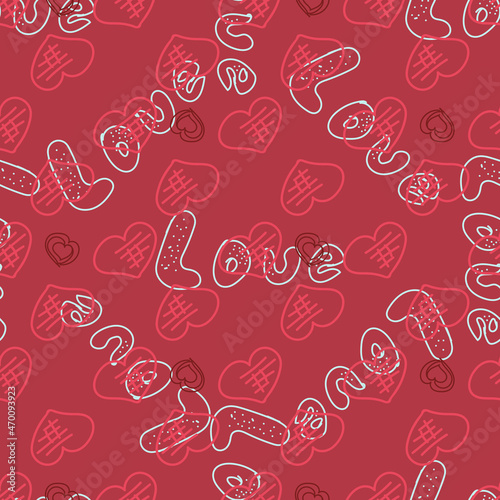 Seamless pattern with word love-vector illustration. The words red and white on a bright background.