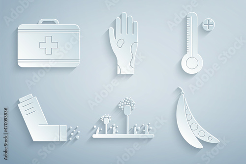 Set Mold, Medical digital thermometer, Inhaler, Kidney beans, Hand with psoriasis or eczema and First aid kit icon. Vector