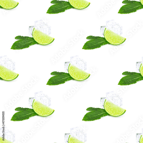 Green limes and lime slices repeat seamless pattern on white background.