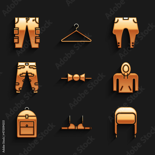 Set Bow tie, Bra, Winter hat with ear flaps, Hoodie, Backpack, Camouflage cargo pants, Pants and Cargo icon. Vector
