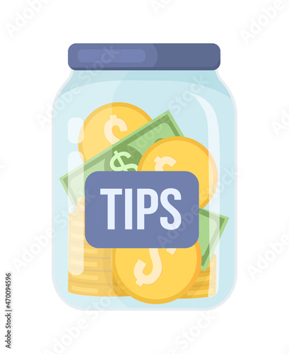 Tip jar semi flat color vector object. Coins and dollars in container. Realistic item on white. Money donations in glass isolated modern cartoon style illustration for graphic design and animation
