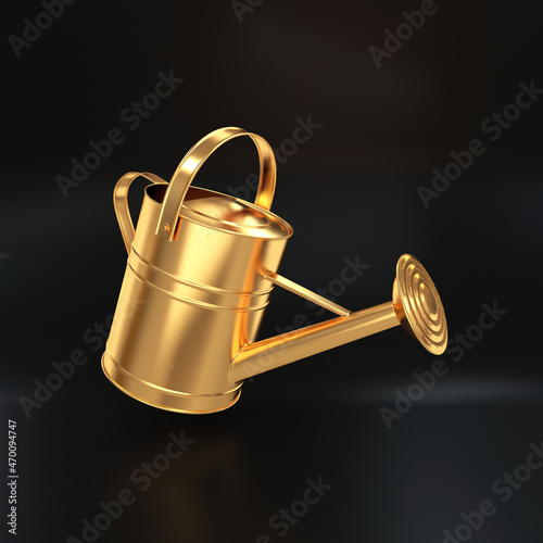 Metal tilted gold watering can on a black background, 3d render