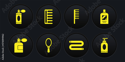 Set Aftershave bottle with atomizer, Bottle of shampoo, Hand mirror, Towel, Hairbrush, Cream lotion cosmetic tube and icon. Vector