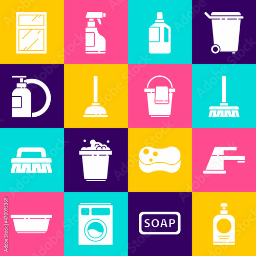 Set Hand sanitizer bottle, Water tap, Handle broom, Fabric softener, Rubber plunger, Dishwashing liquid plate, Cleaning service for windows and Bucket with rag icon. Vector