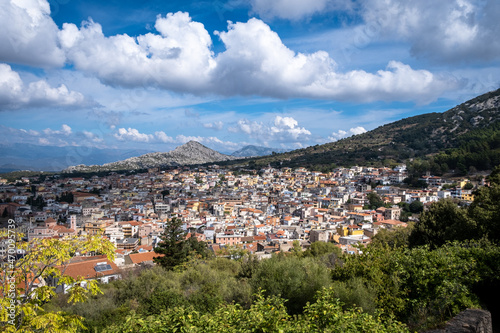 City of Dorgali in Sardinia Italy. Top view of a beautiful city between the mountains. 