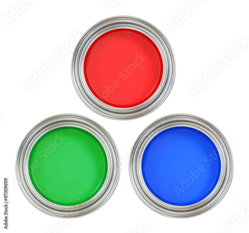 Open cans of paint red green blue, 3d render