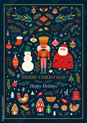 Classic Christmas greeting illustration with funny Santa Claus, nutcracker and snowman. Big Christmas collection in Scandinavian style with traditional Christmas and New Year elements photo