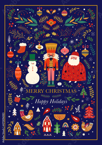 Photos Classic Christmas greeting illustration with funny Santa Claus, nutcracker and snowman