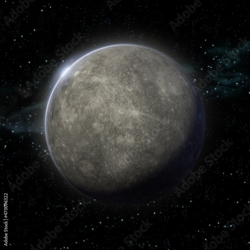Fototapeta Naklejka Na Ścianę i Meble -  Mercury planet with night view and rising sun. Realistic view of the solar system. 3d rendering