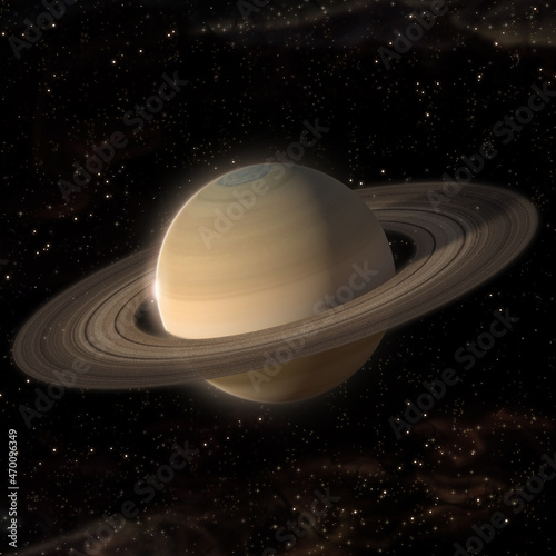 Saturn planet with night view and rising sun. Realistic view of the solar system. 3d rendering