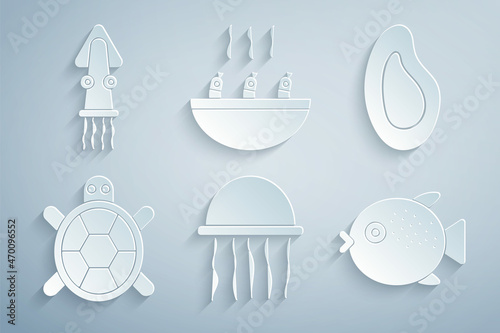 Set Jellyfish, Mussel, Turtle, Puffer, Soup with shrimps and Octopus icon. Vector