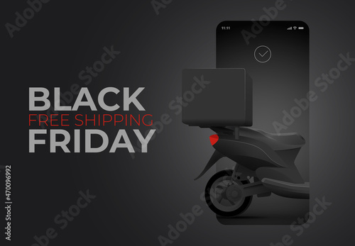 Black Friday free shipping or delivery or online ordering banner concept with realistic delivery scooter on black background. Vector illustration