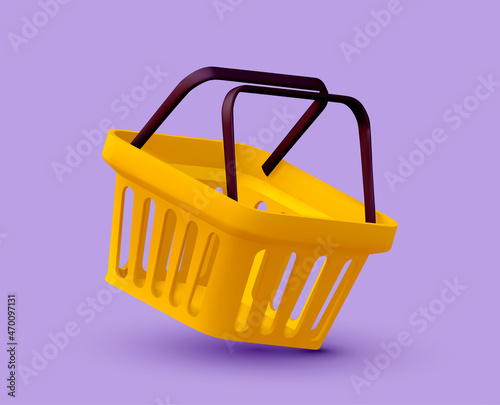 Shopping or buying concept with empty yellow shopping cart on purple background. Vector illustration