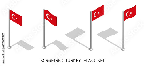 isometric flag of Republic of TURKEY in static position and in motion on flagpole. 3d vector