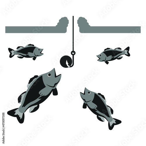 Fish grabs the bait, winter fishing, gray flat sign for design on a white background, vector illustration