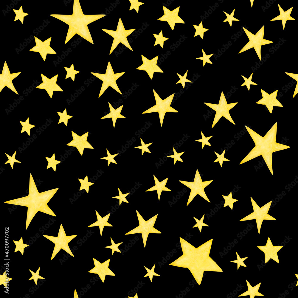 Watercolor seamless pattern from hand painted illustration of bright shiny yellow stars on black sky. Starry night for children nursery wallpaper, party invitation, design postcards, packaging paper Watercolor seamless pattern from hand painted illustration of bright shiny yellow stars on black sky. Starry night for children nursery wallpaper, party invitation, design postcards, packaging paper