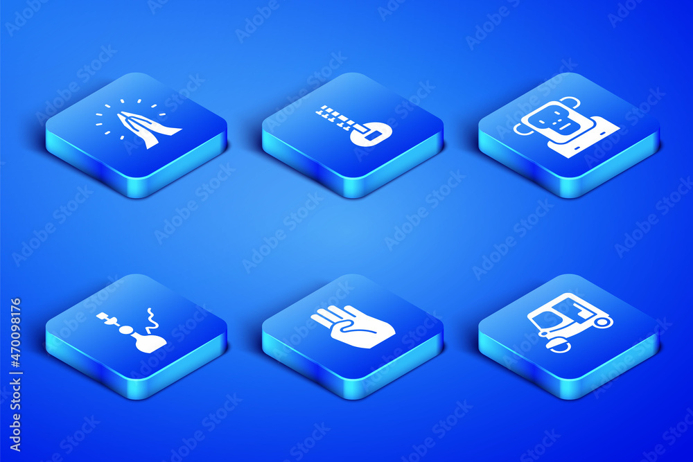 Set Taxi tuk tuk, Hands in praying position, Indian symbol hand, Hookah, Sitar and Monkey icon. Vector Set Taxi tuk tuk, Hands in praying position, Indian symbol hand, Hookah, Sitar and Monkey icon. Vector