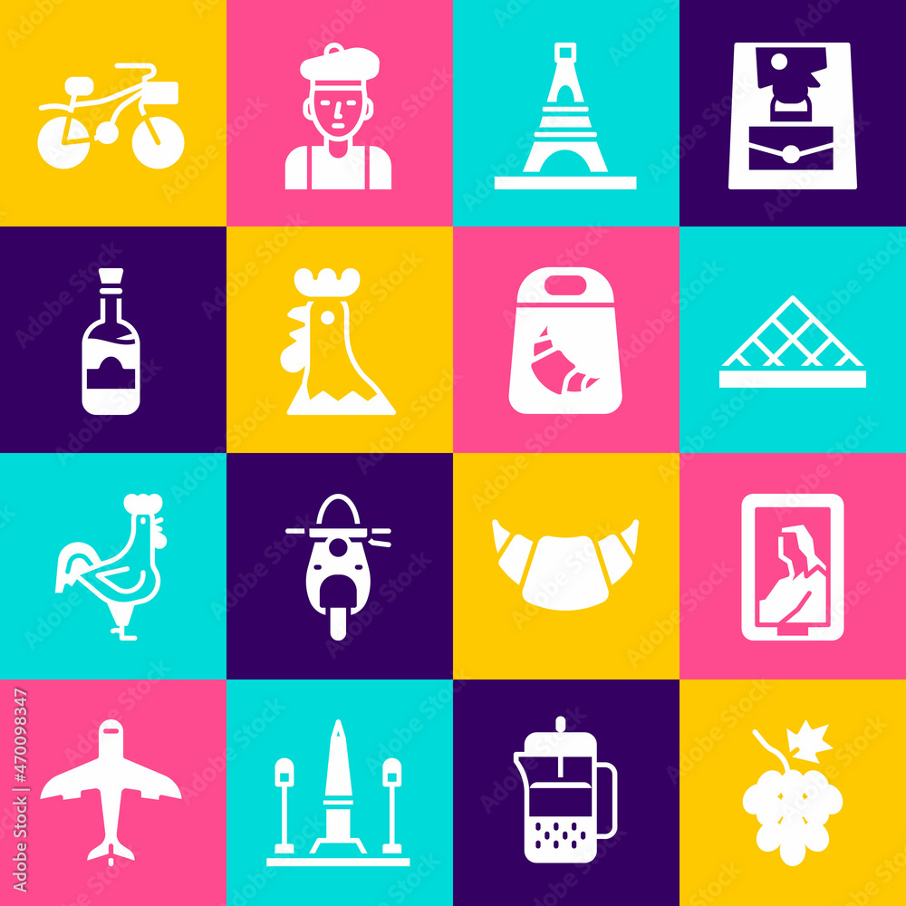 Set Grape fruit, Portrait in museum, Louvre, Eiffel tower, French rooster, Bottles of wine, Bicycle and Croissant package icon. Vector Set Grape fruit, Portrait in museum, Louvre, Eiffel tower, French rooster, Bottles of wine, Bicycle and Croissant package icon. Vector