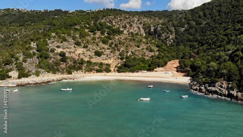 Lush Vegetation Surrounding Jerusalem Beach, Erisos, Greece - aerial drone shot photo