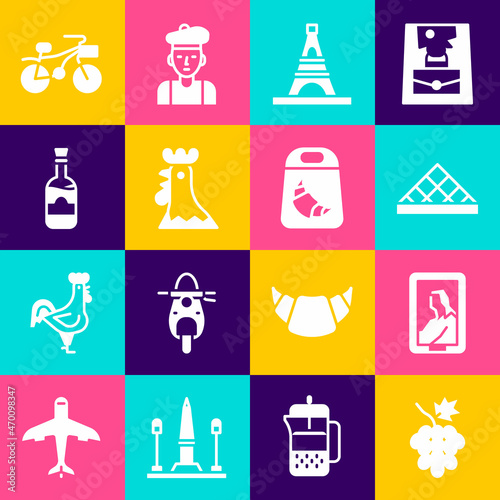Set Grape fruit, Portrait in museum, Louvre, Eiffel tower, French rooster, Bottles of wine, Bicycle and Croissant package icon. Vector