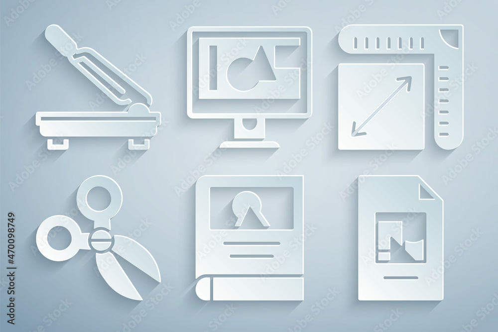 Fototapeta premium Set Photo album gallery, Paper size, Scissors, File document, Computer monitor screen and cutter icon. Vector