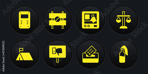 Set Protest camp, Scales of justice, Vote box, Television report, Road barrier, Cocktail molotov and Police assault shield icon. Vector