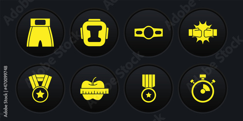 Set Medal, Punch in boxing gloves, Apple and measuring tape, Boxing belt, helmet, Stopwatch and short icon. Vector