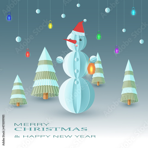 Merry Christmas and Happy New Year greeting card with paper snowman, fir trees, lanterns and snowballs in origami style. With lettering and copy space