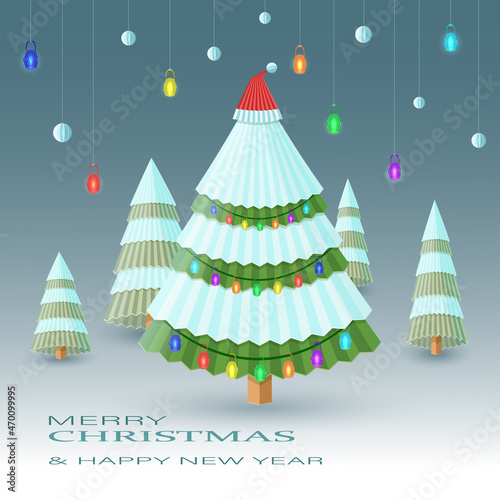 Merry Christmas and Happy New Year greeting card with paper fir-trees, lanterns and snowballs in origami style. With lettering and copy space