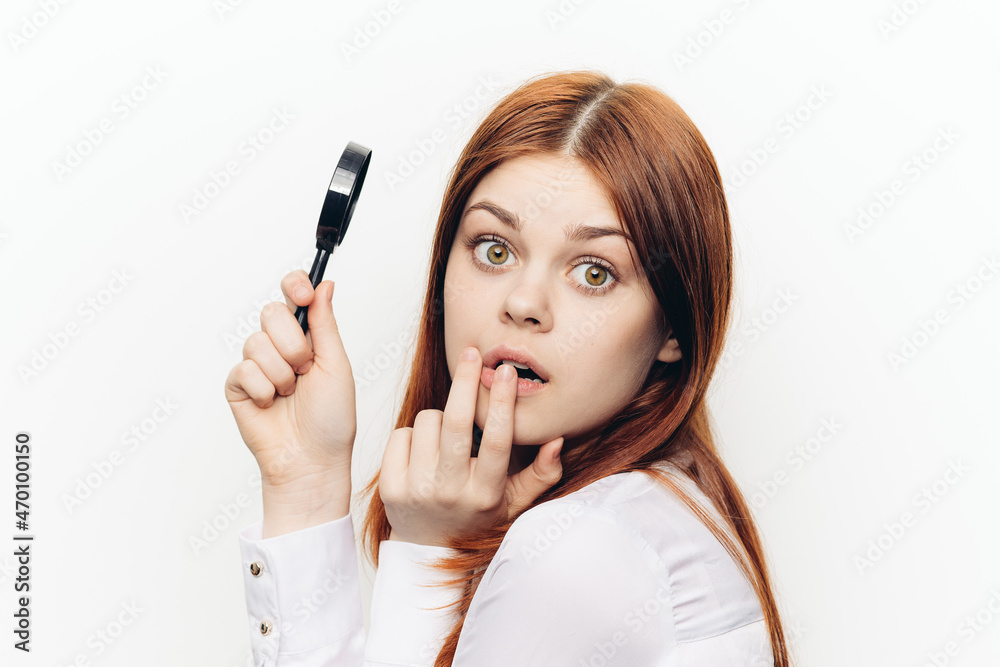 cheerful woman in white shirt pump in hands search tool cheerful woman in white shirt pump in hands search tool