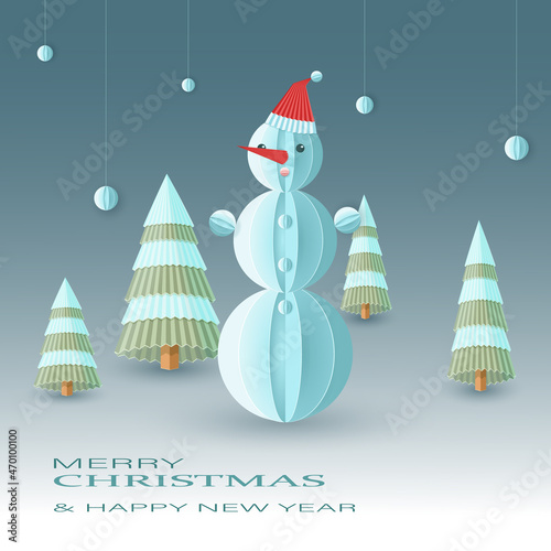 Merry Christmas and Happy New Year greeting card with paper snowman, fir trees and snowballs in origami style. With lettering and copy space