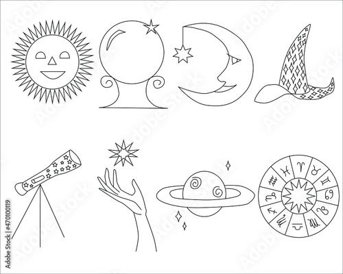 vector set of linear icons with elements on the theme of space, astrology, universe, astronomy: planet, sun, moon, hat, telescope, hand and star, zodiac signs © Маримаксикия