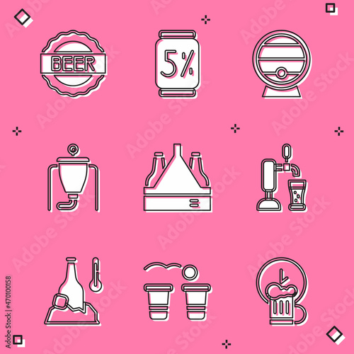 Set Bottle cap with beer, Beer can, Wooden barrel on rack, brewing process, Pack of bottles, tap glass, Cold and pong game icon. Vector