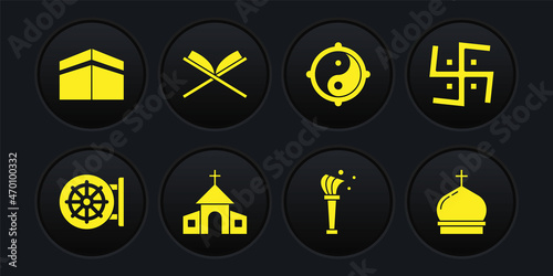 Set Dharma wheel, Hindu swastika, Church building, Aspergillum, Yin Yang, Holy book of Koran, tower and Kaaba mosque icon. Vector