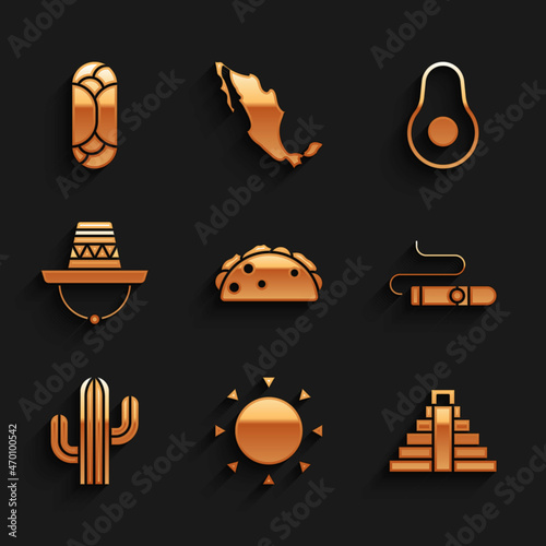 Set Taco with tortilla, Sun, Chichen Itza in Mayan, Cigar, Cactus, Mexican sombrero, Avocado fruit and Burrito icon. Vector