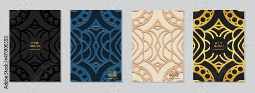 Set of cover design, vertical templates.Geometric ethnic 3D pattern, unique collection of different colors embossed backgrounds, golden grunge texture. Oriental, Indonesian, Mexican, Aztec motives.