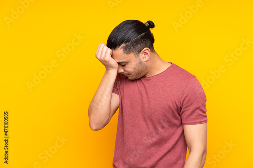Asian handsome man isolated on yellow background angry