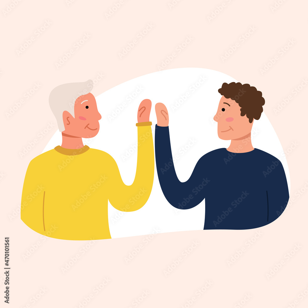 Two gay men or brothers give each other five. Vector illustration of cartoon character flat.