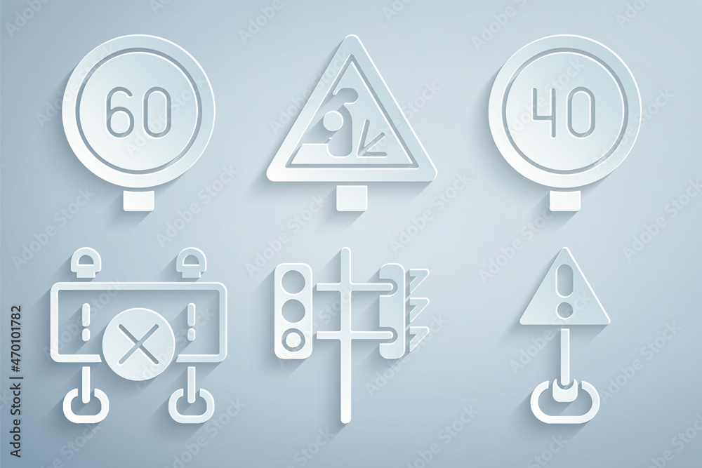 Set Traffic light, Speed limit traffic, Road barrier, Exclamation mark in triangle, Warning road sign and icon. Vector Set Traffic light, Speed limit traffic, Road barrier, Exclamation mark in triangle, Warning road sign and icon. Vector
