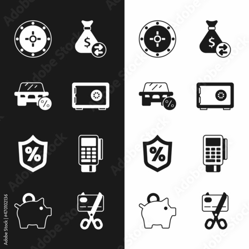 Set Safe, Car leasing percent, Money bag, Loan, POS terminal with credit card, Scissors cutting and Piggy bank icon. Vector