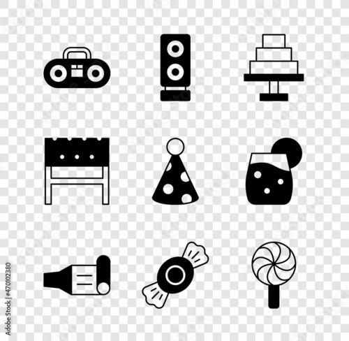 Set Home stereo with two speakers, Stereo, Cake, Birthday party horn, Candy, Lollipop, BBQ brazier and Party hat icon. Vector