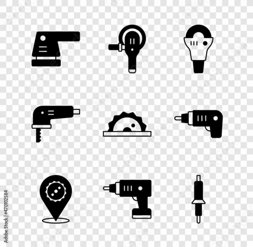 Set Electric sander, Angle grinder, Circular saw blade, cordless screwdriver, Soldering iron, jigsaw and circular icon. Vector